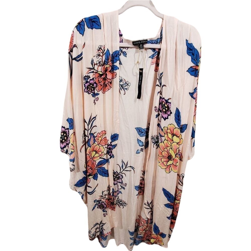 MORAL FIBER Kimono Cardigan Boho Floral Print Pink Blue Yellow Purple‎ 2X